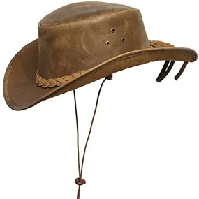 BRANDSLOCK Cowboy Hat Leather Outback Sun Hat with Chin Cord Tan 2XLarge