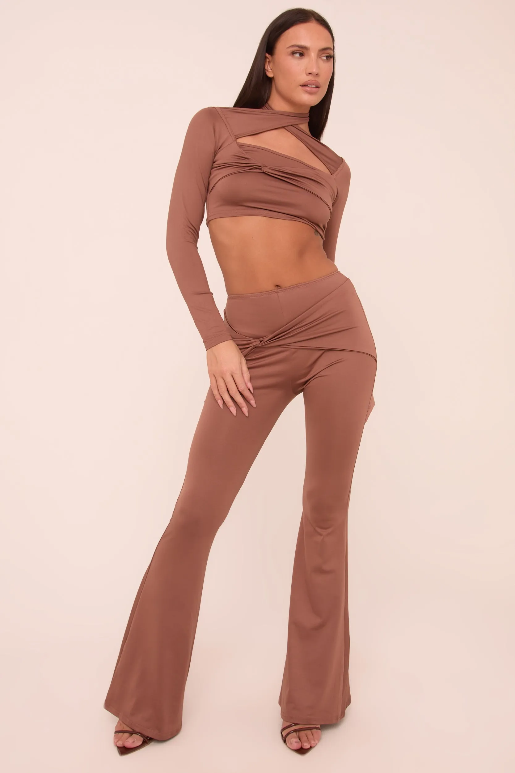 Brown Twist Detail Long Sleeves Crop Top & Kick Flare Trousers Co-ord Set - Holly