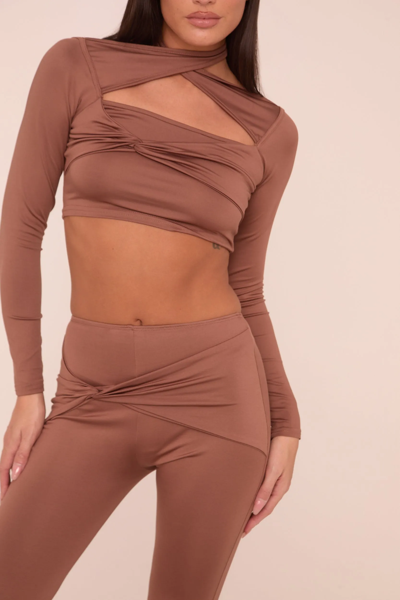 Brown Twist Detail Long Sleeves Crop Top & Kick Flare Trousers Co-ord Set - Holly