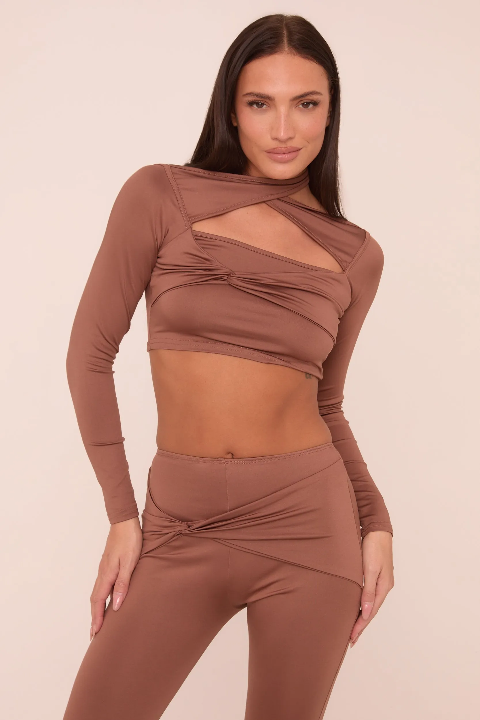 Brown Twist Detail Long Sleeves Crop Top & Kick Flare Trousers Co-ord Set - Holly