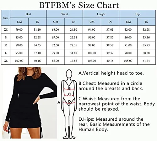 BTFBM Women Ruched Bodycon Drawstring Dress Plain Solid Crew Neck Long Sleeve Casual Stretch Knit Tight Short Dresses (Solid Black, l)