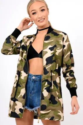 Camo Bomber Style Long Jacket - Brea