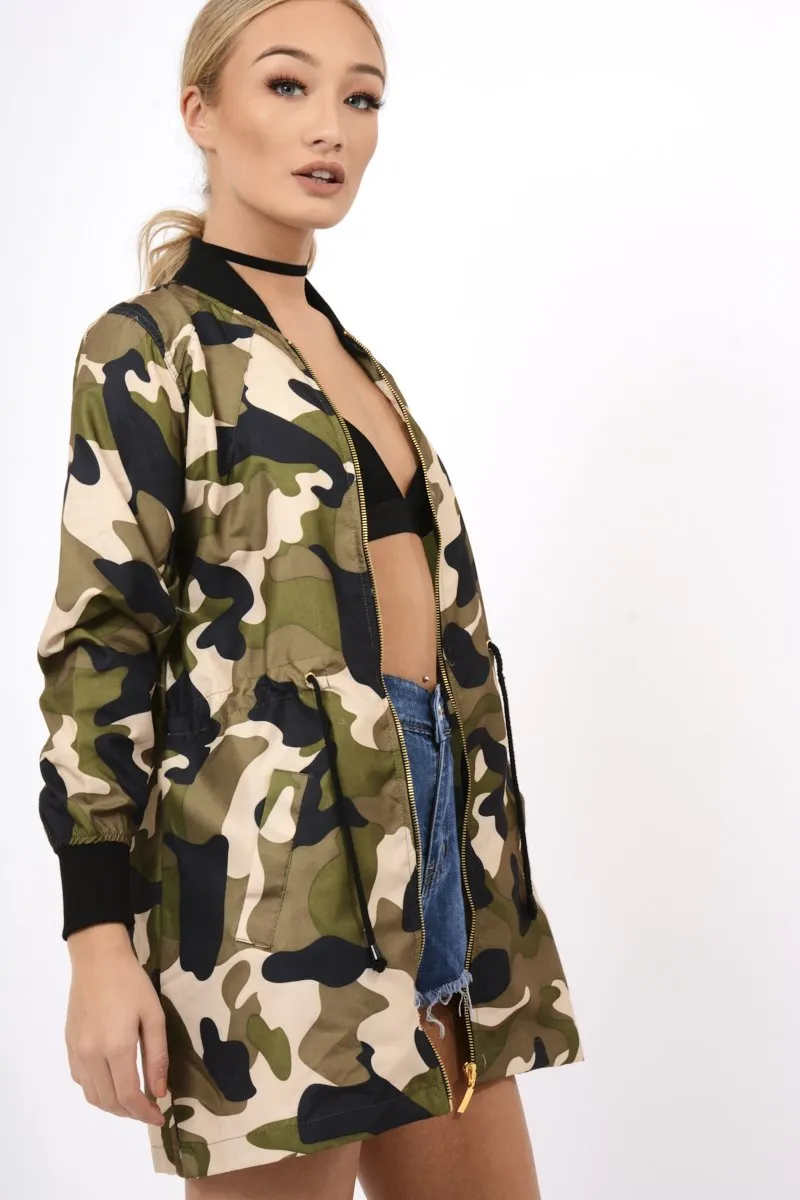 Camo Bomber Style Long Jacket - Brea