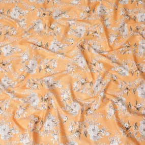 Cantaloupe orange uragiri cotton voile fabric with same tone jacquard having white, black and pale brown print in floral design-D14315