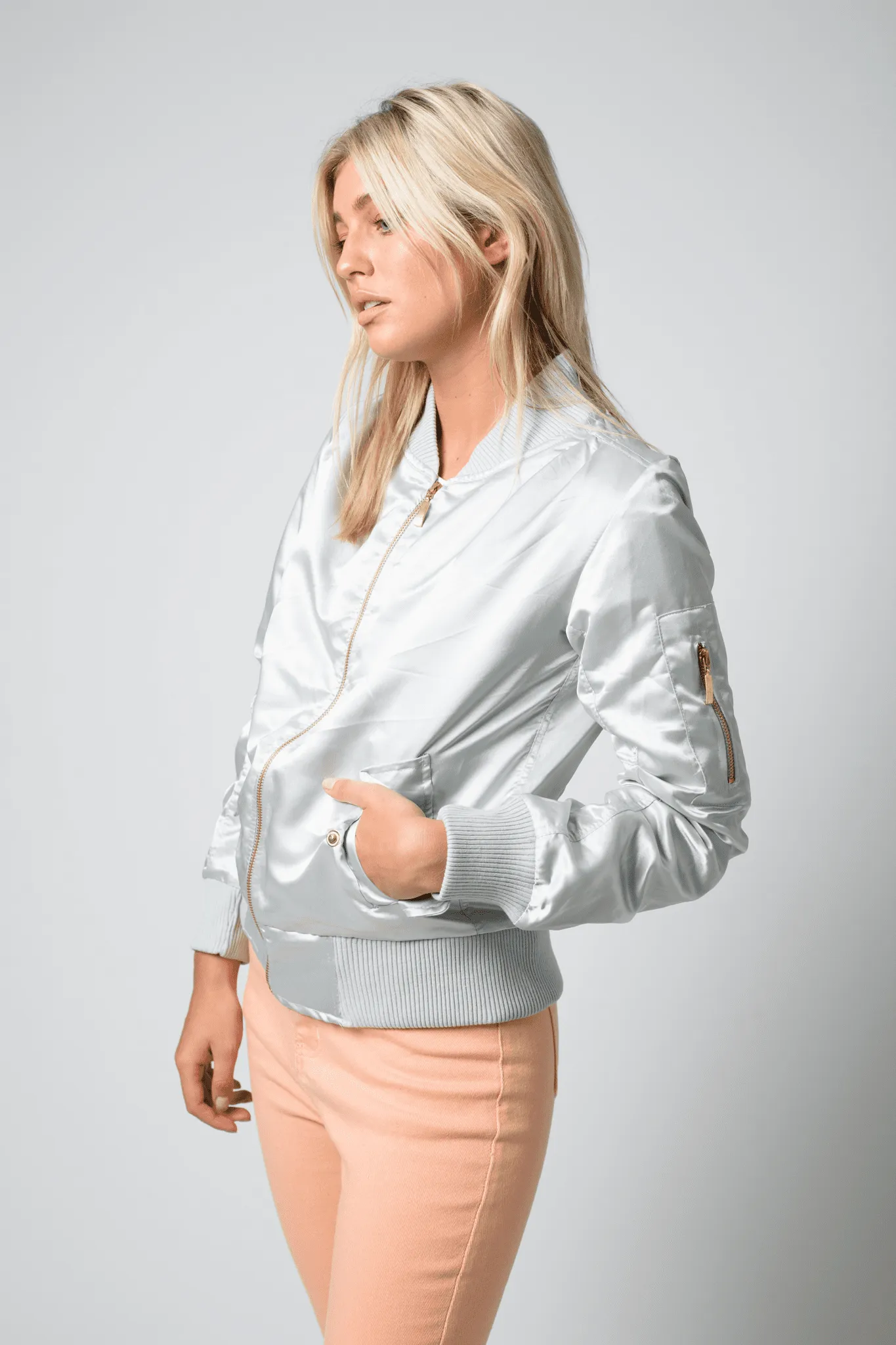 Casilla Silver Satin Bomber Jacket