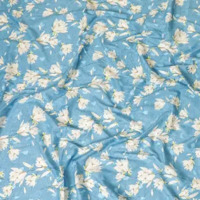 Cerulean blue uragiri cotton voile fabric with same tone jacquard having beige, pearl river grey and petrol blue print in floral design-D7324