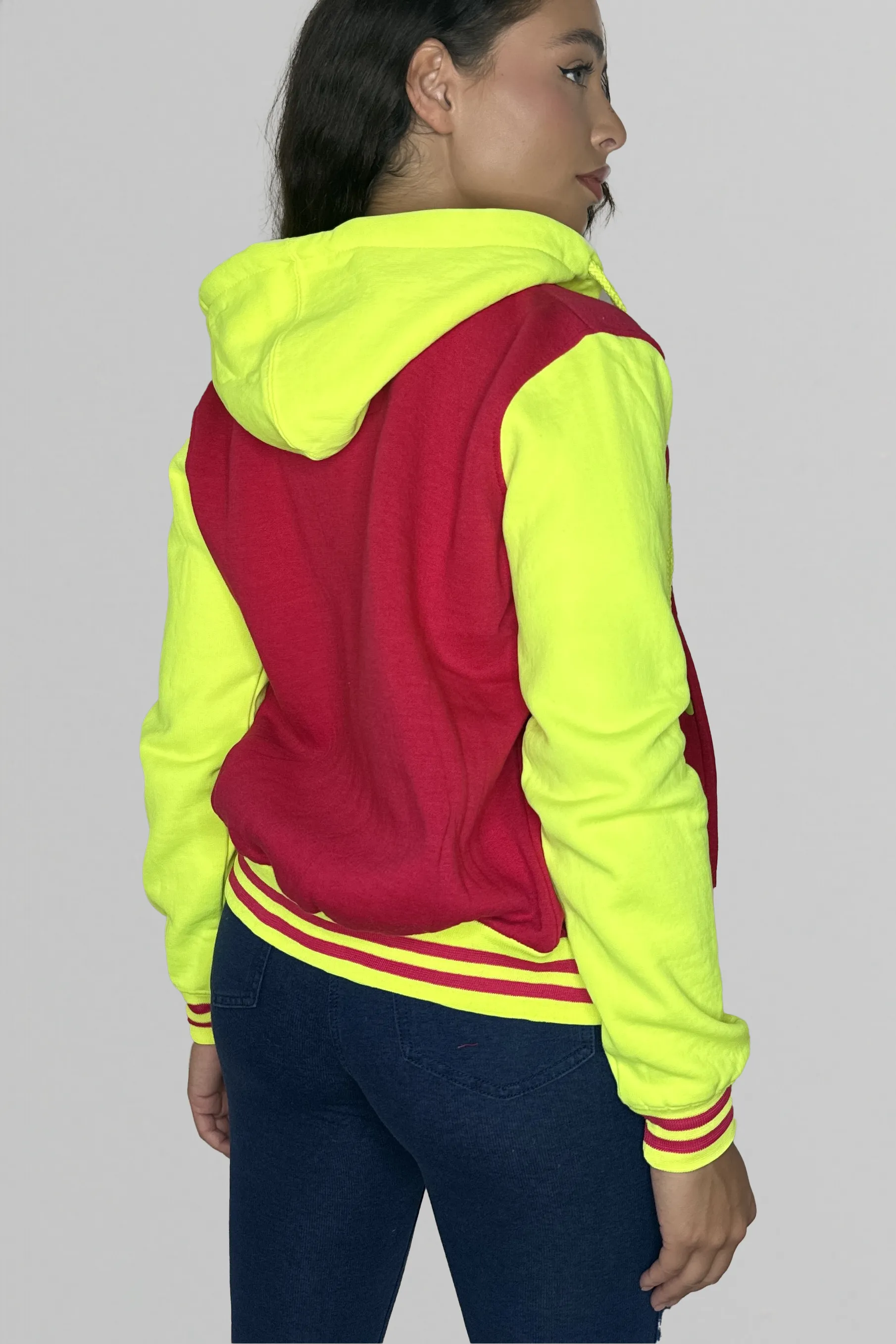 Colour Block Stripe Hem Patched Hooded Fleece Varsity Jacket