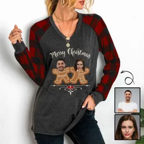 Custom Couple Face V-neck Tops Design Merry Christmas Women's Loose Long Sleeve T-shirt