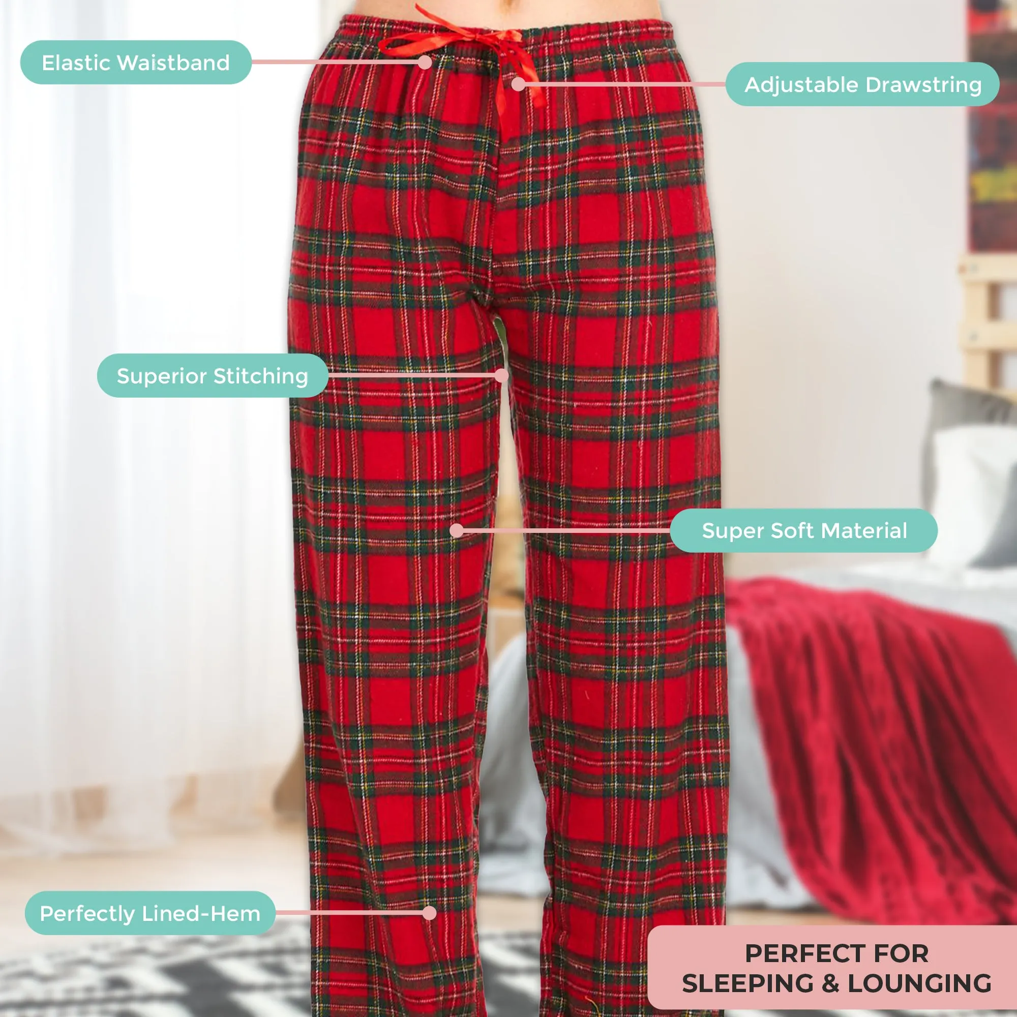 DARESAY Women's Flannel Pajama Pants - Set of Pajama Pants for Women, Soft, Comfy, Plaid Pants for Lounge & Sleep, 3-Pack.