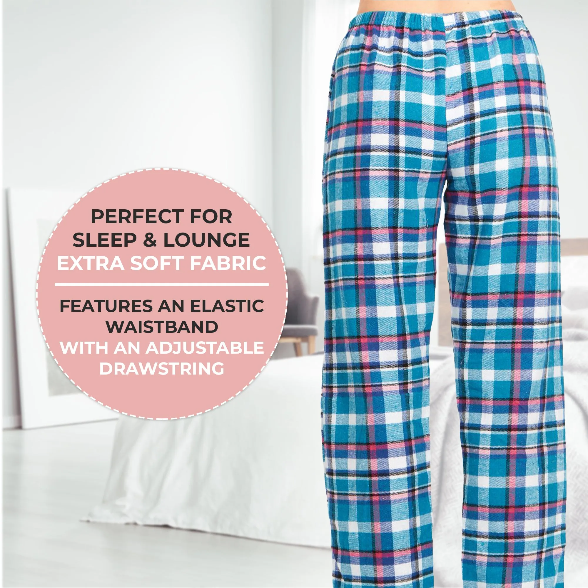 DARESAY Women's Flannel Pajama Pants - Set of Pajama Pants for Women, Soft, Comfy, Plaid Pants for Lounge & Sleep, 3-Pack.