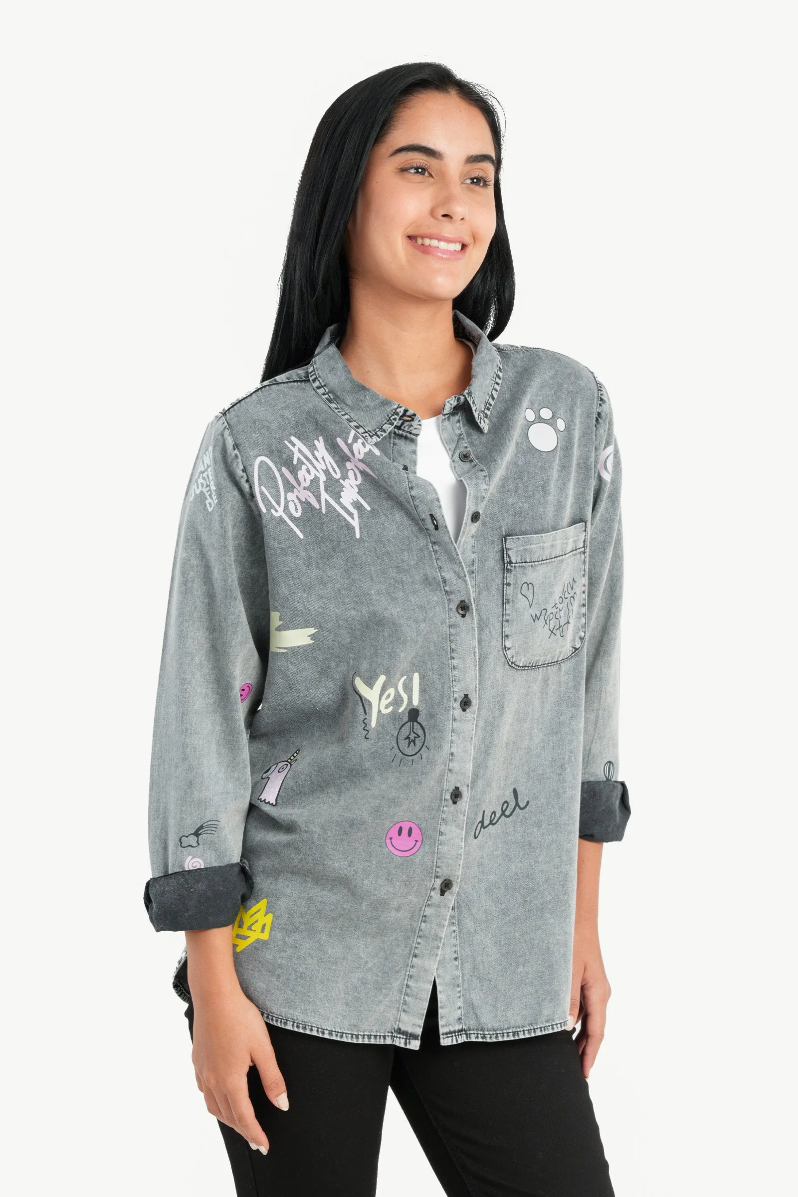 Denim Printed Shirt with Slits