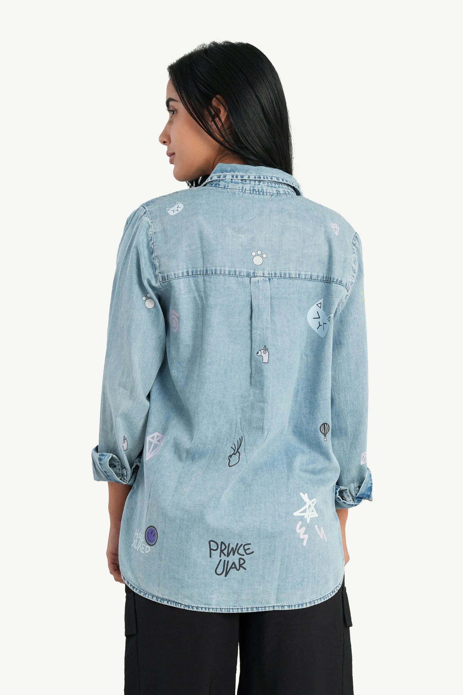 Denim Printed Shirt with Slits