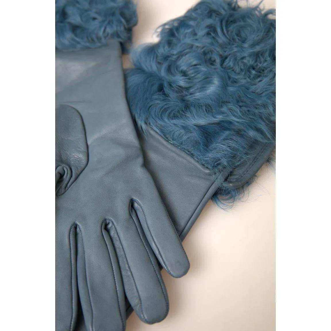 Dolce & Gabbana Elegant Blue Leather Gloves with Fur Trim