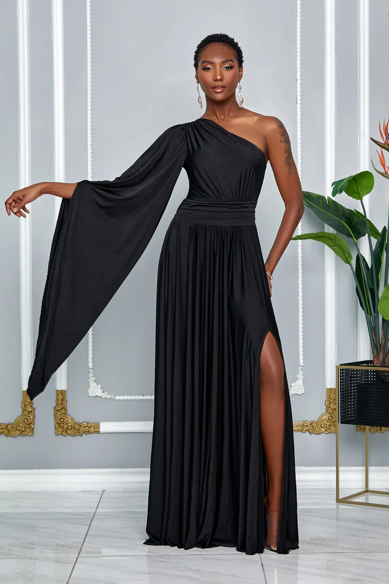 ELEGANCE ONE SHOULDER CAPE SLEEVE MAXI DRESS (BLACK)