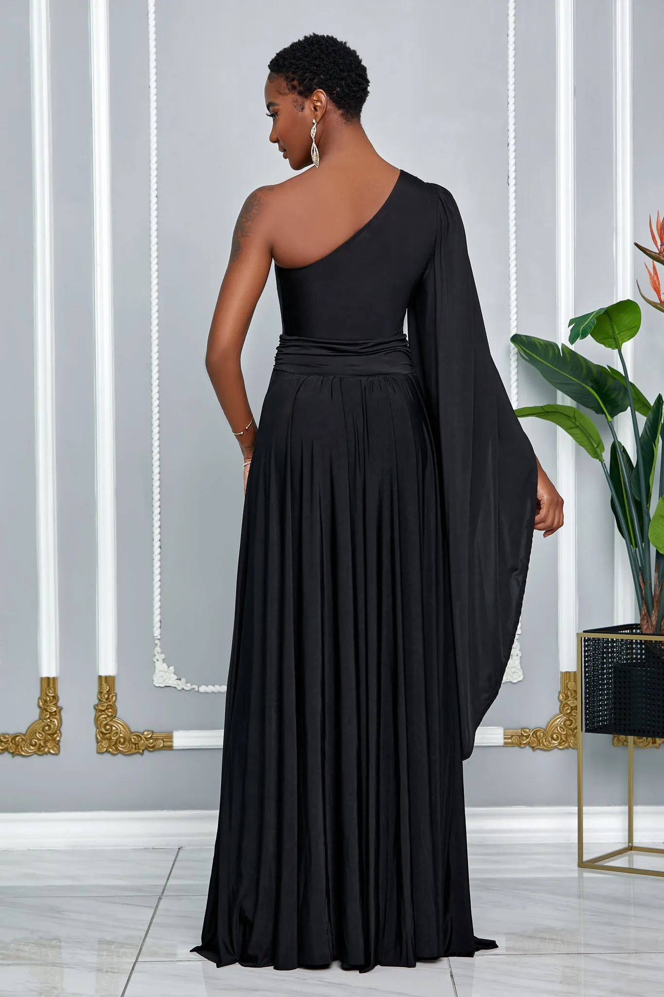 ELEGANCE ONE SHOULDER CAPE SLEEVE MAXI DRESS (BLACK)