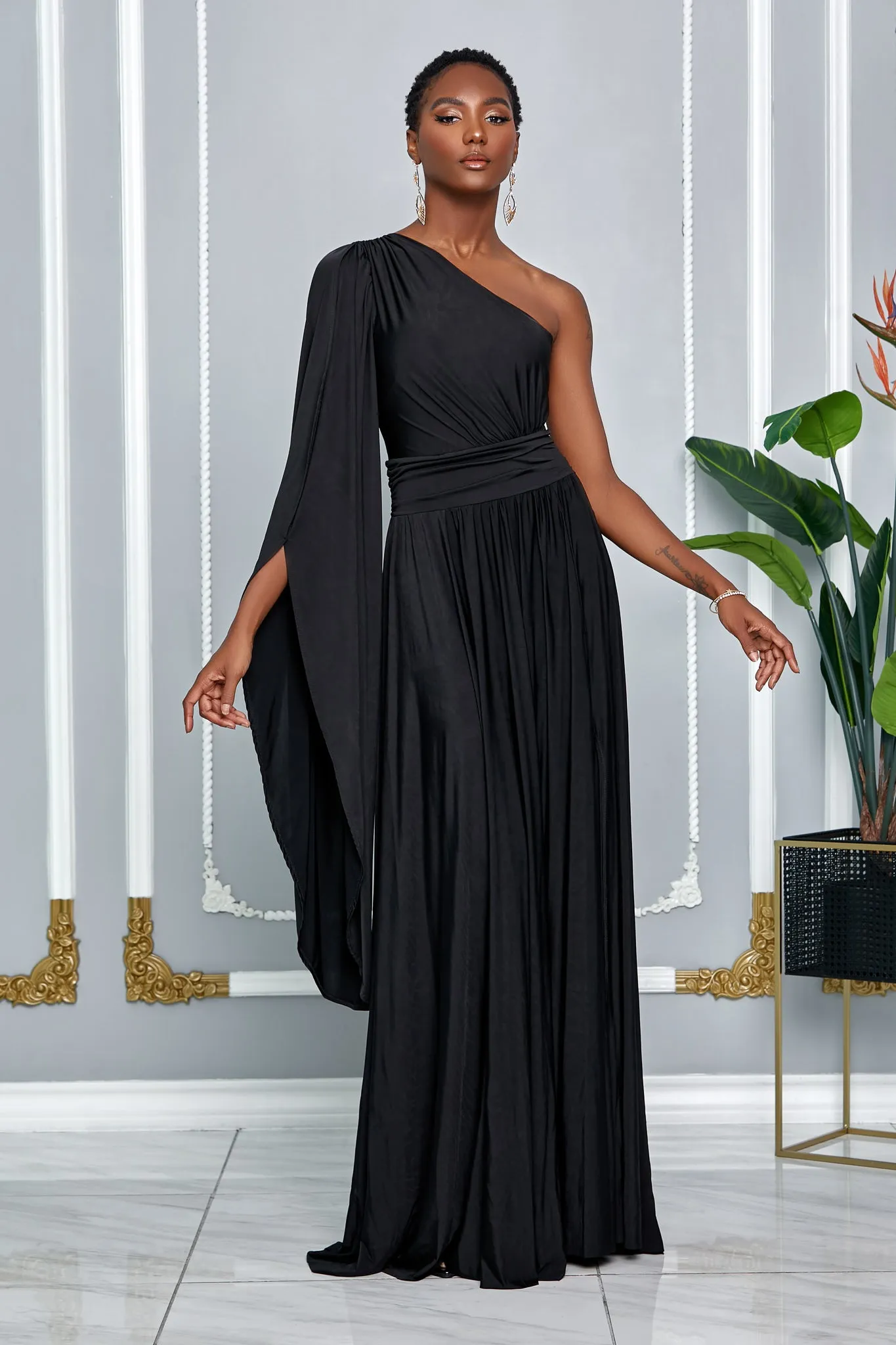 ELEGANCE ONE SHOULDER CAPE SLEEVE MAXI DRESS (BLACK)