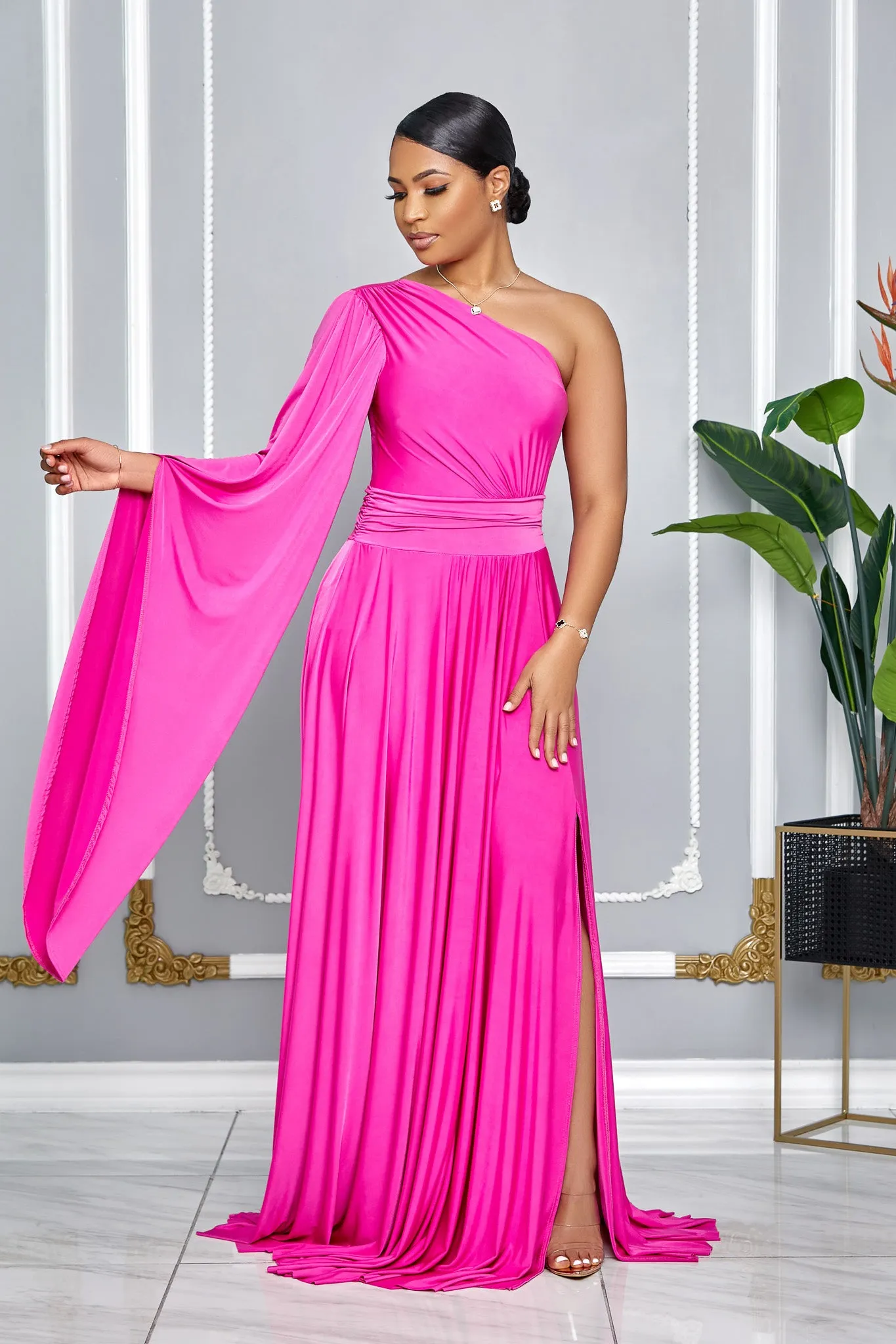 ELEGANCE ONE SHOULDER CAPE SLEEVE MAXI DRESS (PINK)