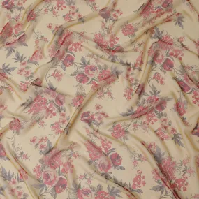 Elegant Cream Floral Silk Chiffon Fabric, 110cm Width – Perfect for Romantic Blouses and Flowing Dresses-D20092