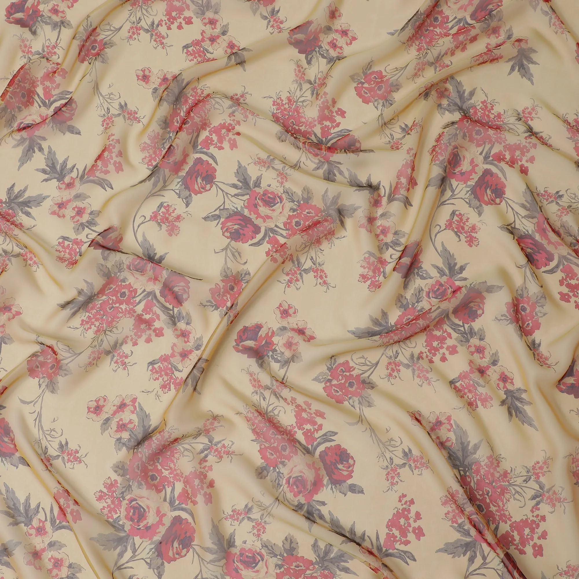 Elegant Cream Floral Silk Chiffon Fabric, 110cm Width – Perfect for Romantic Blouses and Flowing Dresses-D20092