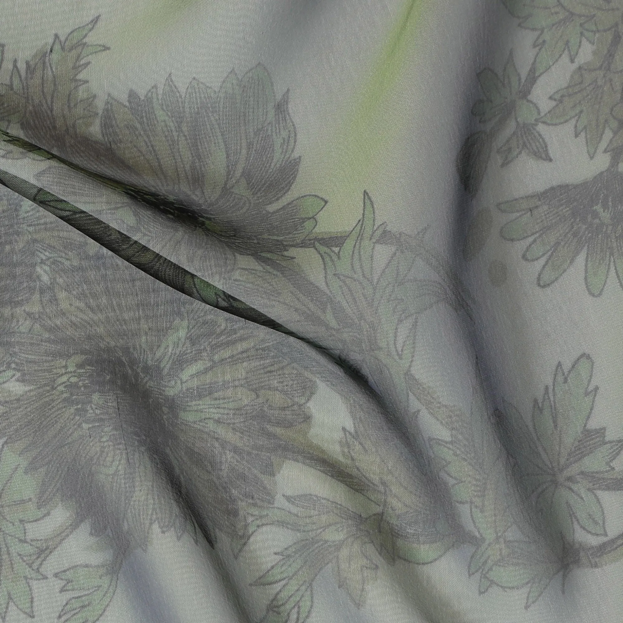 Elegant Grey and Green Floral Pure Silk Chiffon Fabric, 110 cms, South Korea-D19889