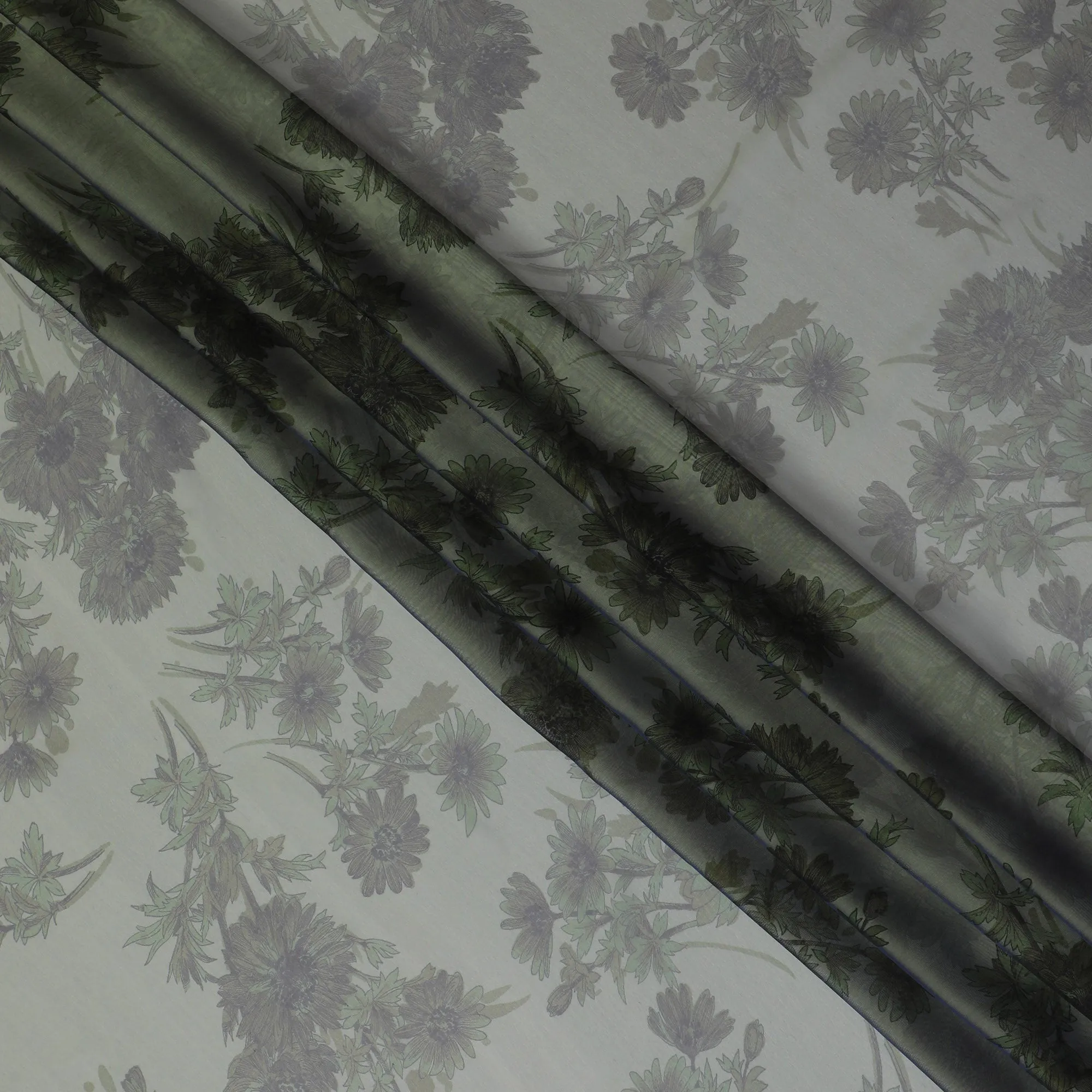 Elegant Grey and Green Floral Pure Silk Chiffon Fabric, 110 cms, South Korea-D19889