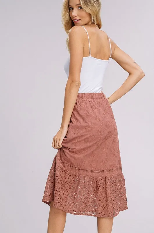 Embroidered Roses & Lace Midi Skirt - Dried Rose