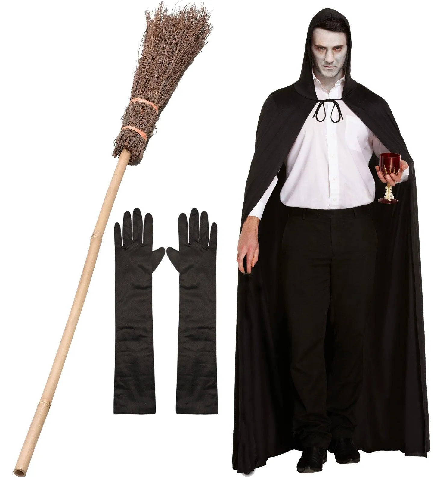 Enchanting Witch Costume Set: Black Hooded Cape, Witch Broom Stick, and Long Satin Gloves