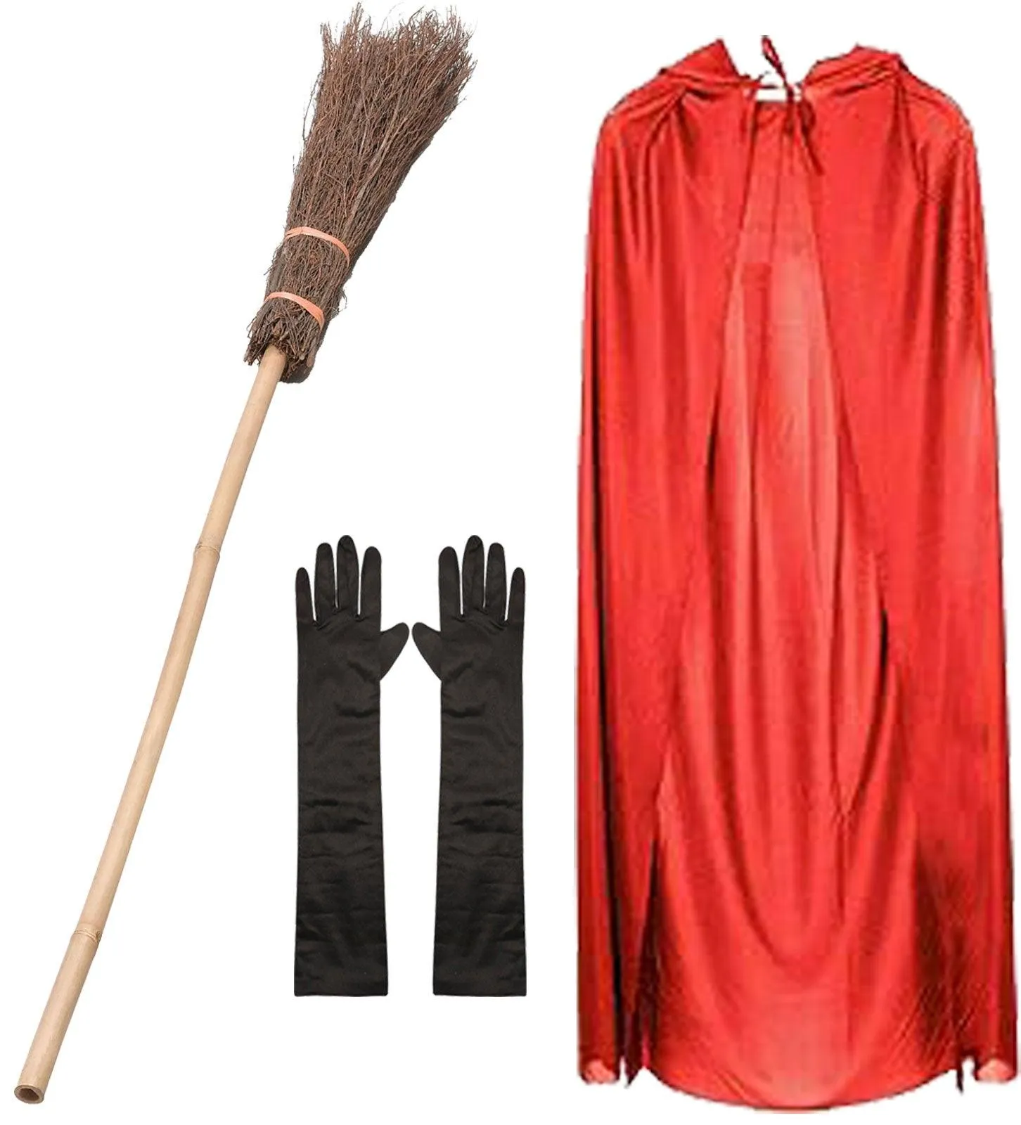 Enchanting Witch Costume Set: Red Satin Cape with Hood, Witch Broomstick, and Black Long Satin Gloves