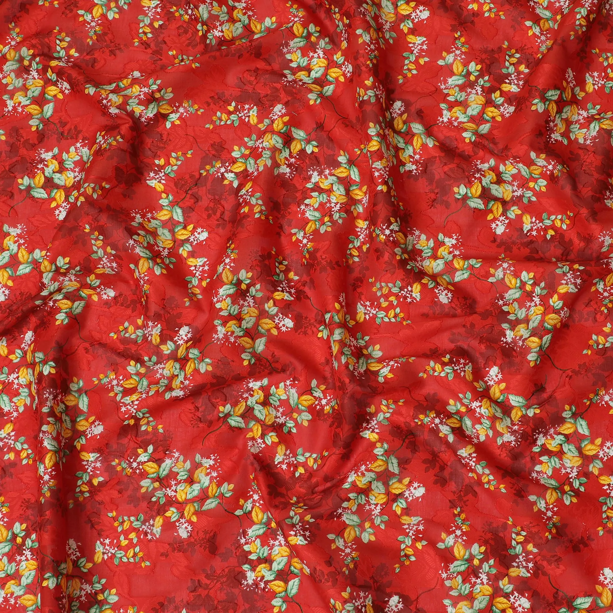 Fiery Red Uragiri Cotton Voile Fabric with Lush Green Floral Print, 110 cm Wide - Vibrant Indian Textile-D18983