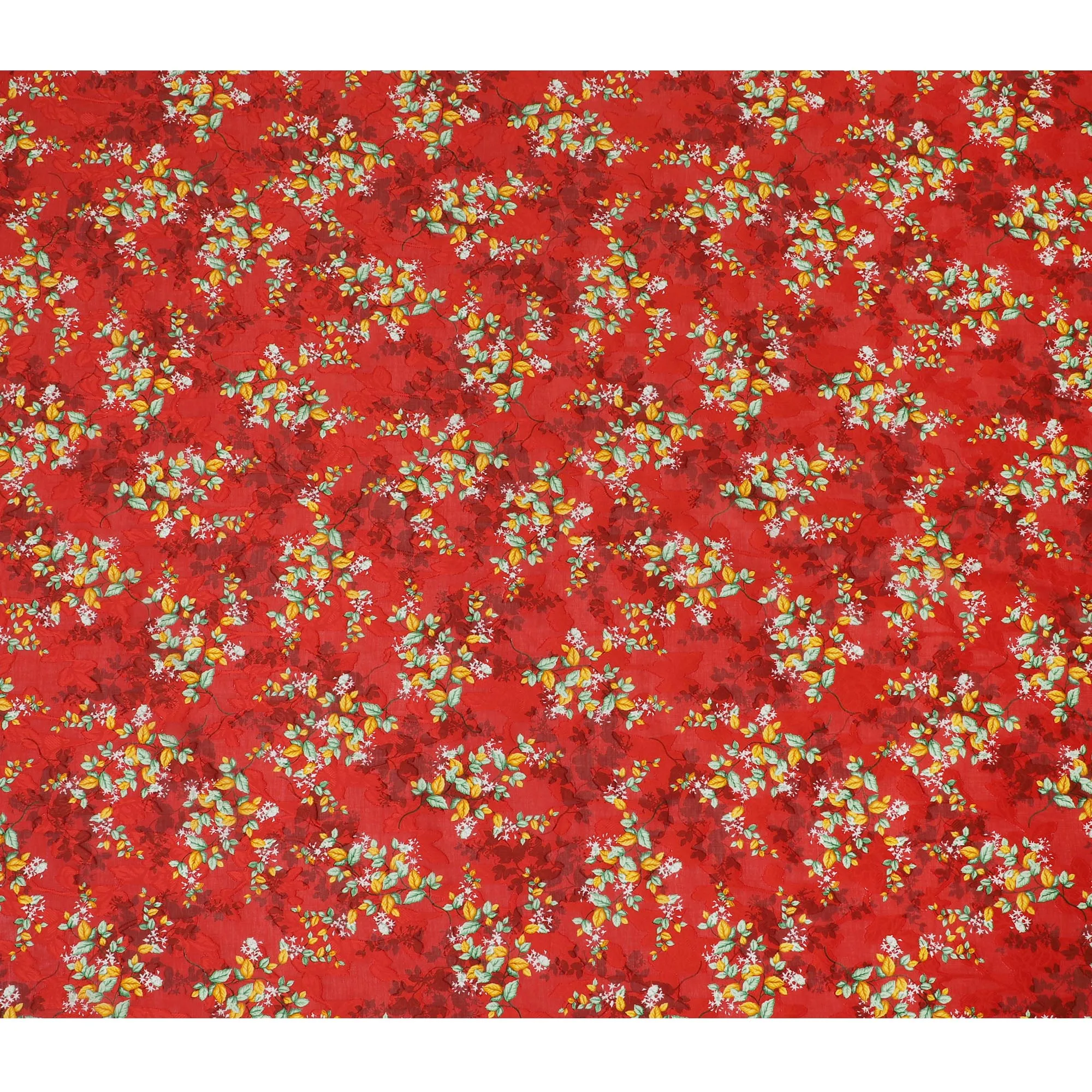 Fiery Red Uragiri Cotton Voile Fabric with Lush Green Floral Print, 110 cm Wide - Vibrant Indian Textile-D18983