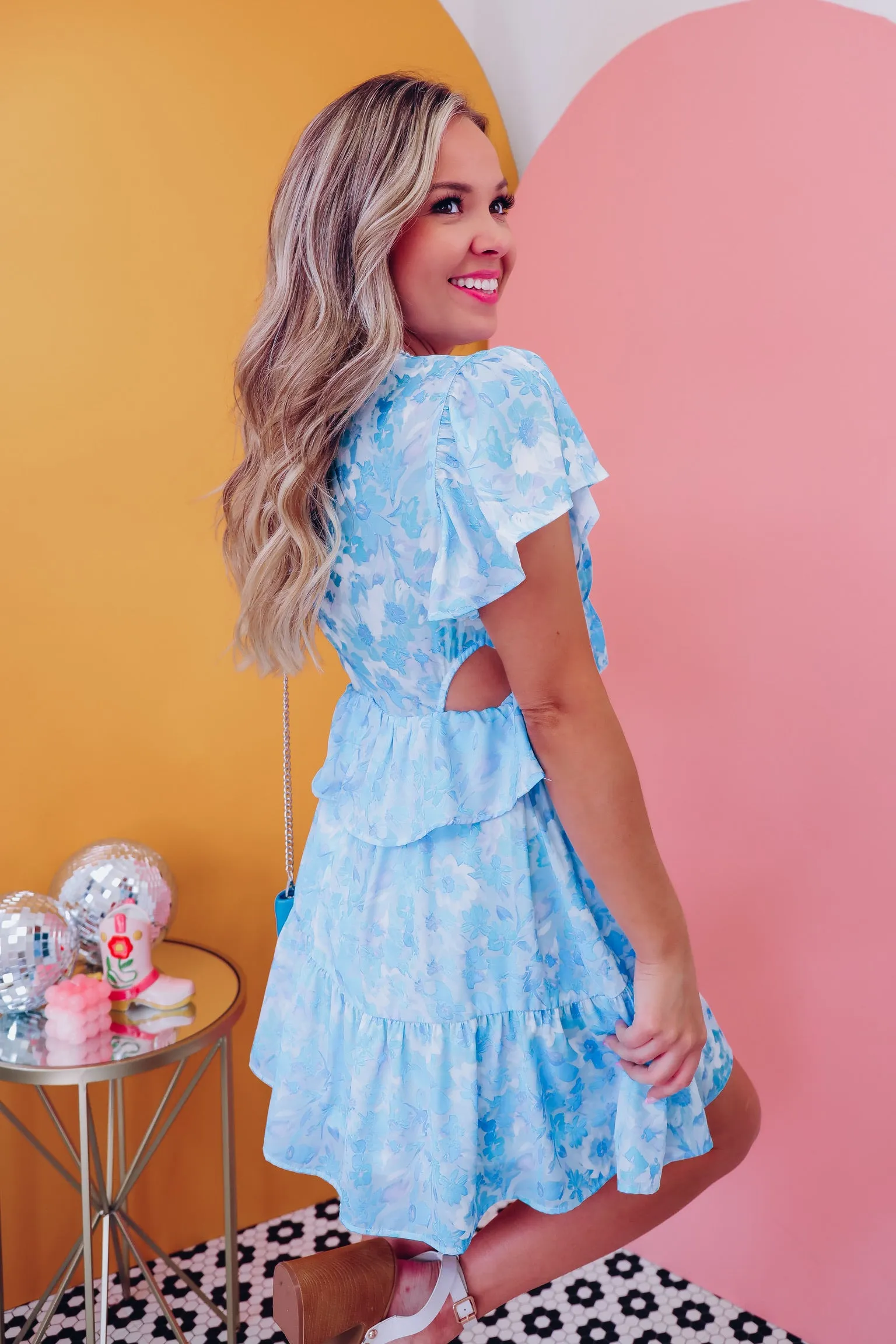 Fiona Flutter Sleeve Floral Dress - Blue