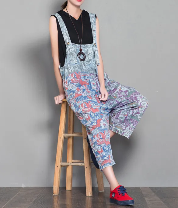 Floral Loose Denim Casual Spring Denim Overall Women Jumpsuits  QYCQ31