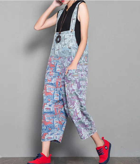 Floral Loose Denim Casual Spring Denim Overall Women Jumpsuits  QYCQ31