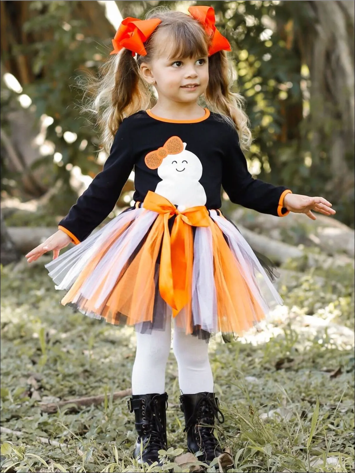 Girls Halloween Themed Ghost Print Long Sleeve Top And Bow Tutu Skirt Set