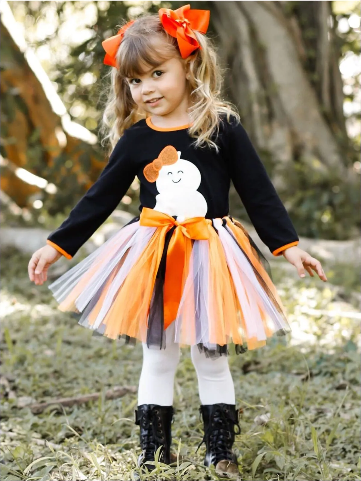 Girls Halloween Themed Ghost Print Long Sleeve Top And Bow Tutu Skirt Set