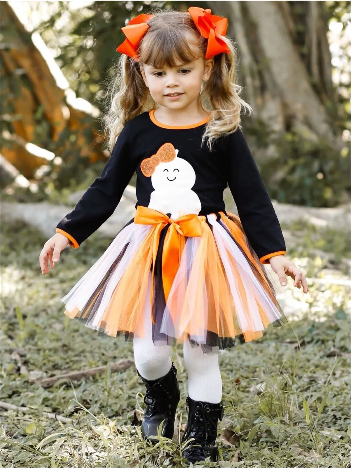 Girls Halloween Themed Ghost Print Long Sleeve Top And Bow Tutu Skirt Set