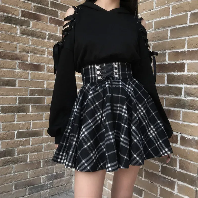 Gothic Lolita Skirt Women Spring Autumn Winter High Waisted Lace-up Short Plaid Wool Skirts Mini tutu femme