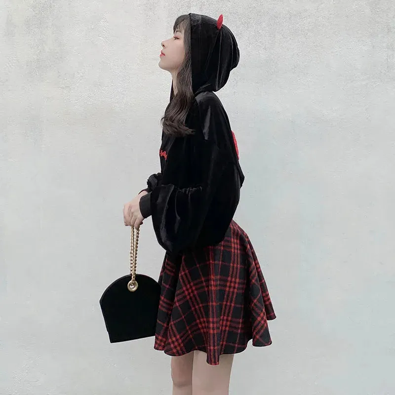 Gothic Lolita Skirt Women Spring Autumn Winter High Waisted Lace-up Short Plaid Wool Skirts Mini tutu femme