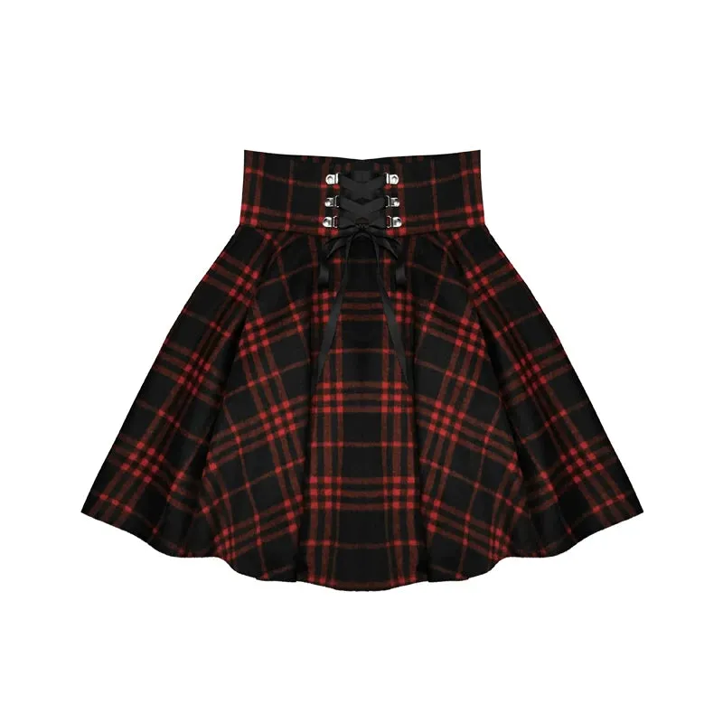 Gothic Lolita Skirt Women Spring Autumn Winter High Waisted Lace-up Short Plaid Wool Skirts Mini tutu femme