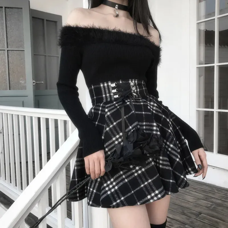 Gothic Lolita Skirt Women Spring Autumn Winter High Waisted Lace-up Short Plaid Wool Skirts Mini tutu femme