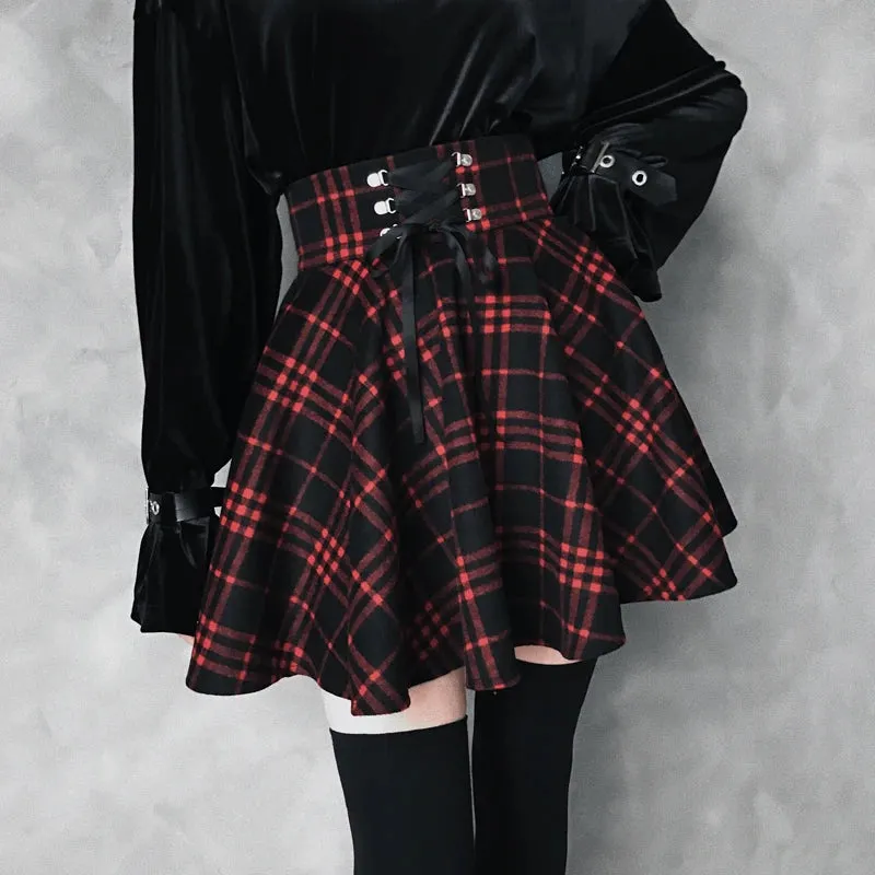 Gothic Lolita Skirt Women Spring Autumn Winter High Waisted Lace-up Short Plaid Wool Skirts Mini tutu femme