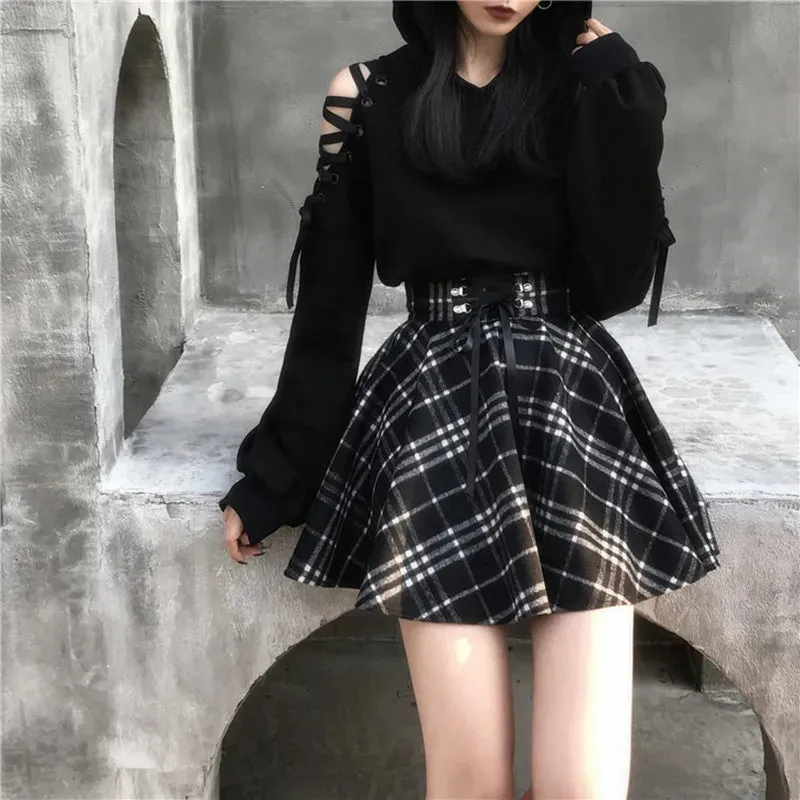 Gothic Lolita Skirt Women Spring Autumn Winter High Waisted Lace-up Short Plaid Wool Skirts Mini tutu femme