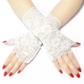 Great Gatsby 1920's Bridal Flapper Floral LACE Mesh Half Finger Gloves - WHITE LACE