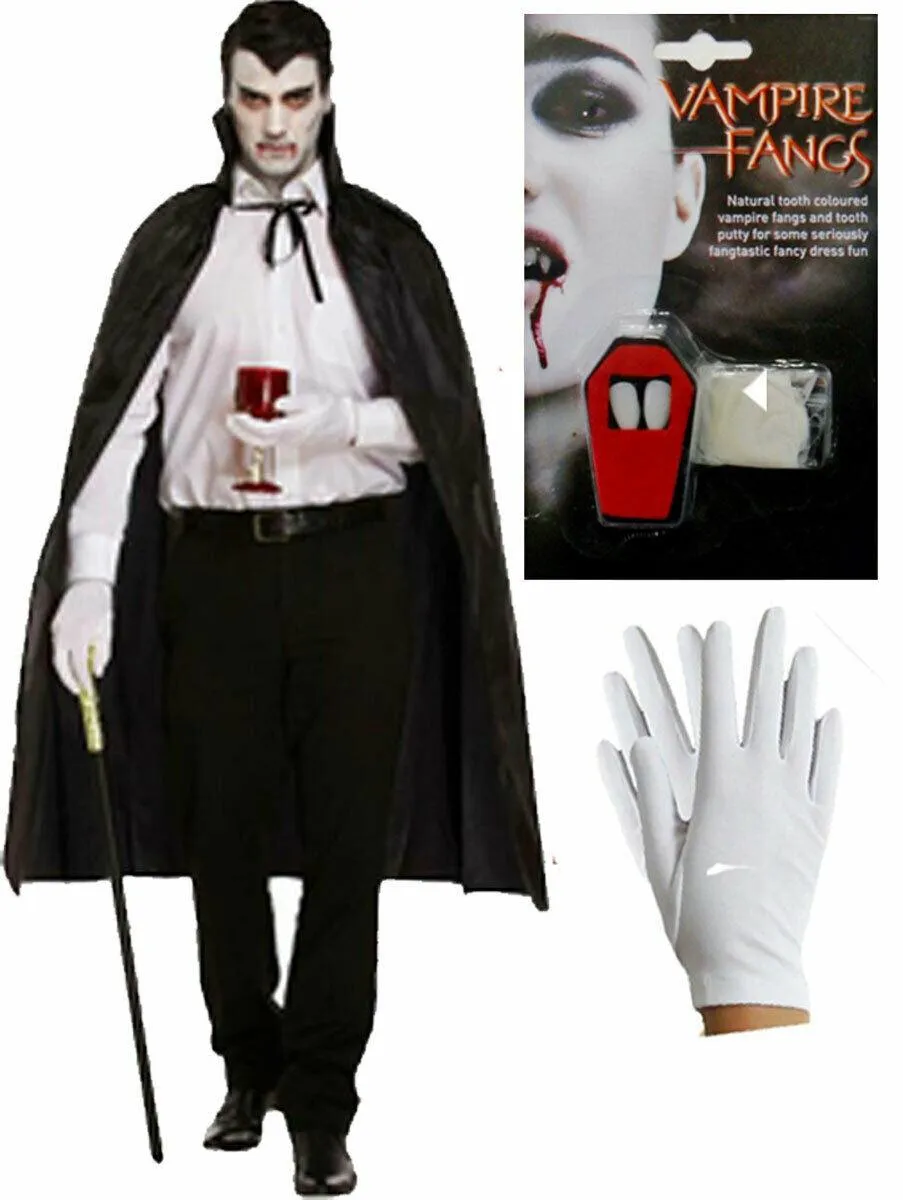 Halloween Dracula Set Vampire Fangs Black Cape Fancy Dress Party Costume