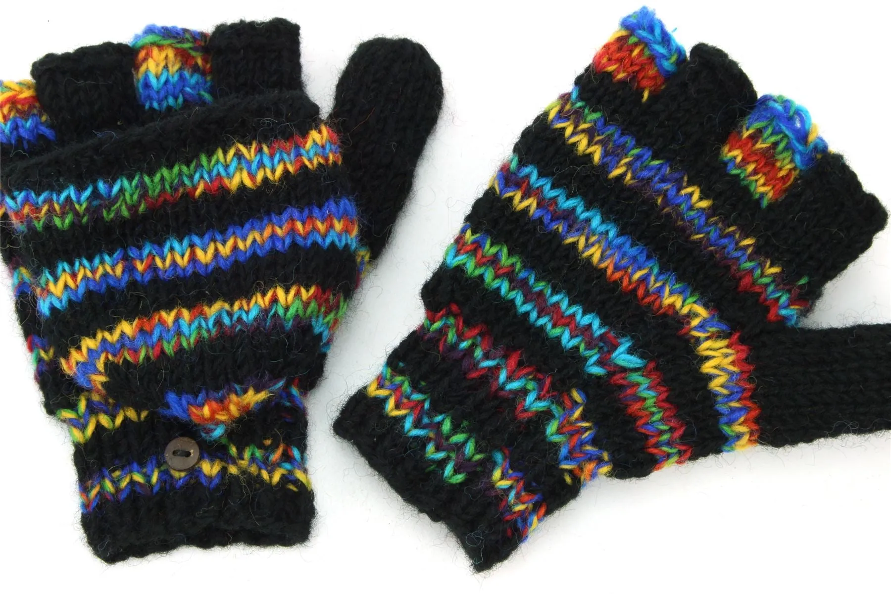 Hand Knitted Wool Shooter Gloves - Stripe Black Rainbow SD