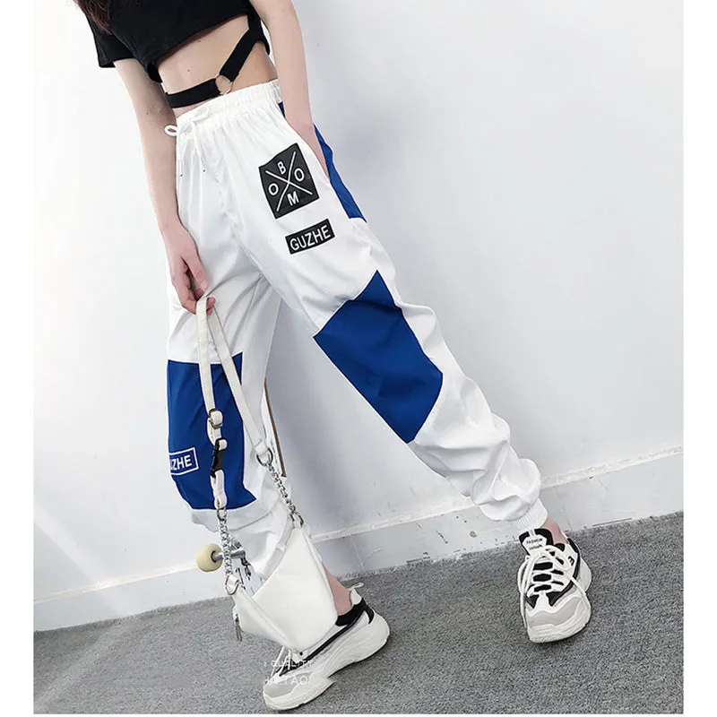 High Waist Letter Spliced Cargo Pants Women Loose Harajuku