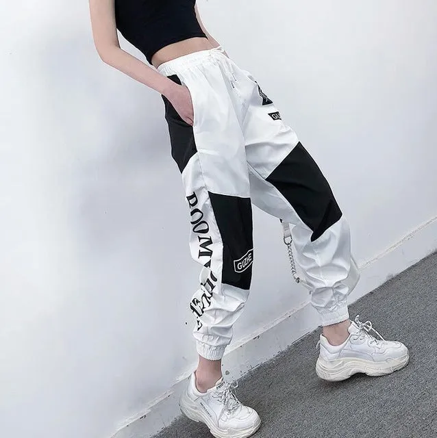 High Waist Letter Spliced Cargo Pants Women Loose Harajuku