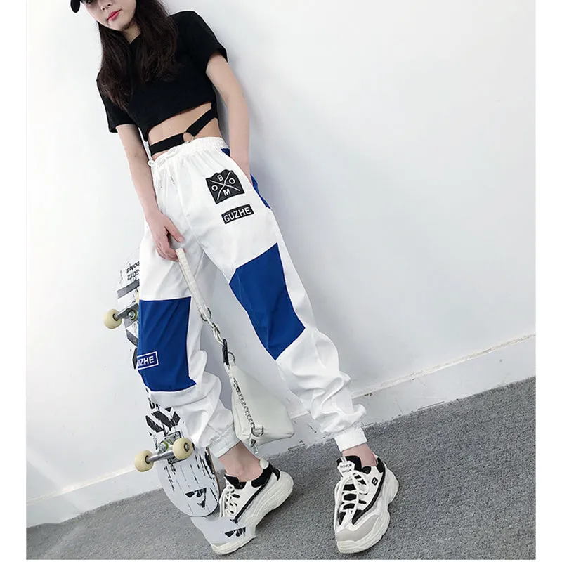 High Waist Letter Spliced Cargo Pants Women Loose Harajuku