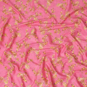 Hot pink uragiri cotton voile fabric with same tone jacquard having mustard yellow and black print in floral design-D14318