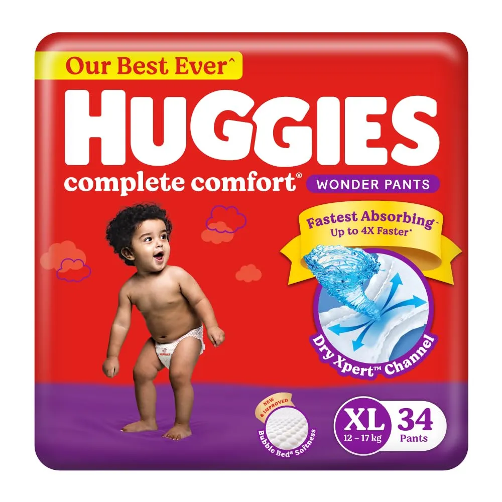 Huggies Complete Comfort Wonder Pants Extra Large (XL) Size (12-17 Kgs) Baby Diaper Pants, 34 count| India's Fastest Absorbing Diaper with upto 4x faster absorption | Unique Dry Xpert Channel